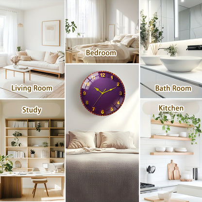 Large Modern Purple & Golden Wall Clock with Black Hands - 30cm/11.81" Thick Tempered Glass Silent Quartz Movement, Mechanism, Modern Round Wall Clock for Living Room, Bedroom, Office - Elegant Purple Face with Golden Hands,