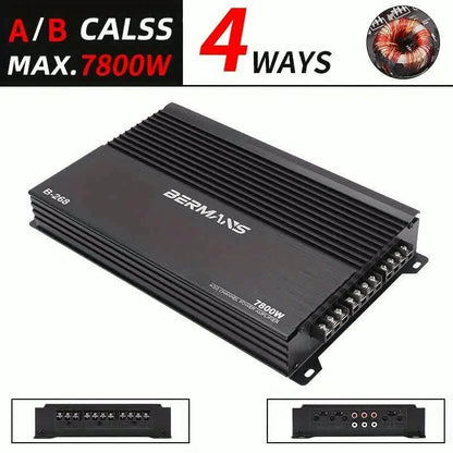 Bermans 7800W Max Power 4-Channel Class AB Car Amplifier - 12V High-Power Stereo Amplifier with MP3 Cable Compatible RCA Inputs, Compact Auto Sound System for Subwoofer & Speaker, Car Audio Upgrade (Compatible with Smartphone