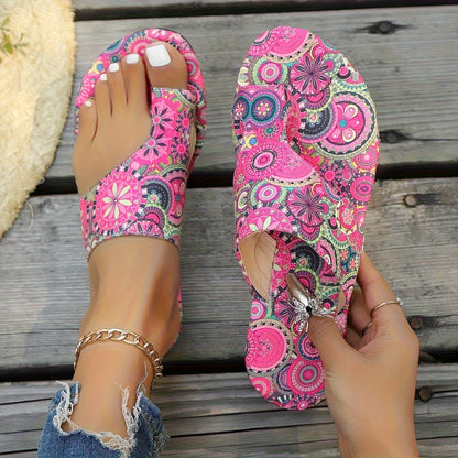 Women's Bohemian Floral Slide Sandals - Slip-On Open Toe Summer Shoes with Pink, Lightweight Flat Sandals for Beach, Casual Outfits - Easy Slip Closure & Non-Slip PU Sole, Beach Footwear