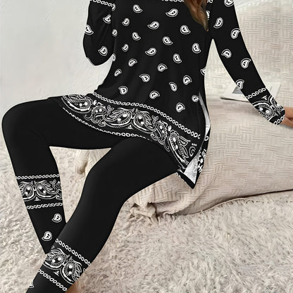 Women'S Plus Size Elegant Paisley Print Two-Piece Set - Oversized Long Sleeve Round Neck Top & Wide-Leg Pants with Side Slits, All-Over & Pattern, Comfortable Casual to Semi-Formal Outfit for Spring/Fall, Versatile Everyday &