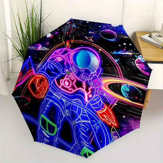 Automatic Open/Close Umbrella with One-Touch Button - Space-Themed Neon Astronaut Design, Compact Folding Umbrella with 8-Rib Strong Frame, Portable for Travel, Everyday Use - Ideal Gift for Astronomy Lovers & Sci-Fi Fans (Pu