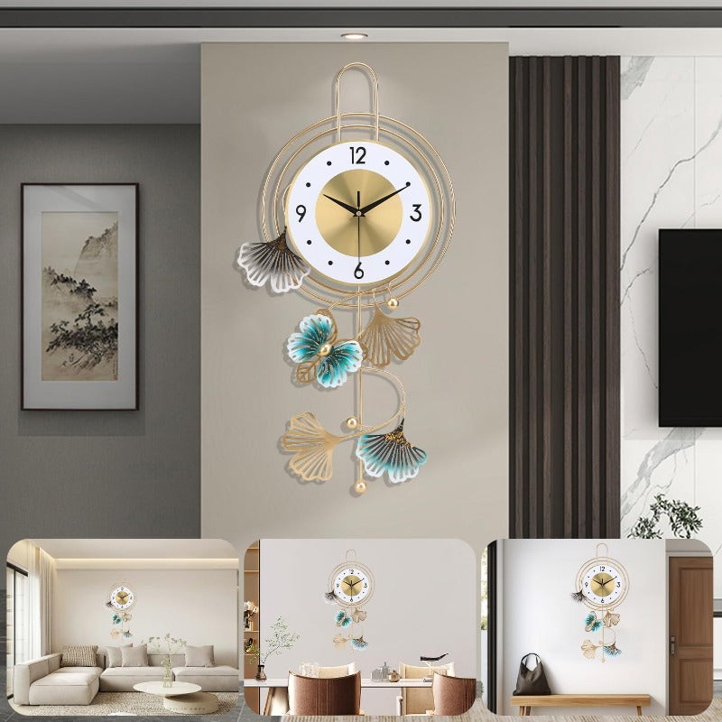 Large Modern Round Wall Clock with Golden Hands & Green Leaf Dial - Large Golden Hands, Green Leaf & Golden Butterfly Numbers, Large Black Face (12.5x25.5 Inch) Silent Non-Ticking Easy-to-Read Analog Clock for Living Room, Be