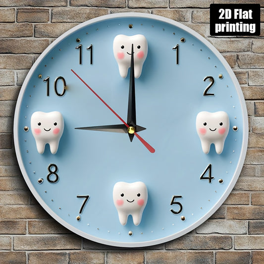 Non-Electric 2D Printed, Cartoon Teeth Theme Wooden Round Wall Clock, Farmhouse Style Home Decor for Kitchen, Bedroom, Office, Birthday & Holiday Gift, Easy to Read, Silent Operation, Battery Not Included, 9.8x9.8 Inches, 2D