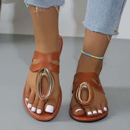 Women'S Roman Sandals with Metallic Buckle Strap - Slip-On Open-Toe Flat Sandals, PU Synthetic Cover Upper & Sole, Comfortable Casual Shoes for Casual Attire, Strappy Sandals, Everyday Footwear, Durable Footwear, Stylish Foot