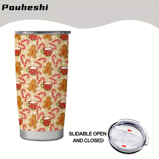 1pc 20oz Stainless Steel Christmas Gingerbread Tumbler | Double-Wall Insulated, Leakproof, Slip Grip, Reusable for Hot/Cold Drinks, Holiday Gift with Gingerbread Men, Candy Canes & Coffee Beans Design - Durable 403 Stainless