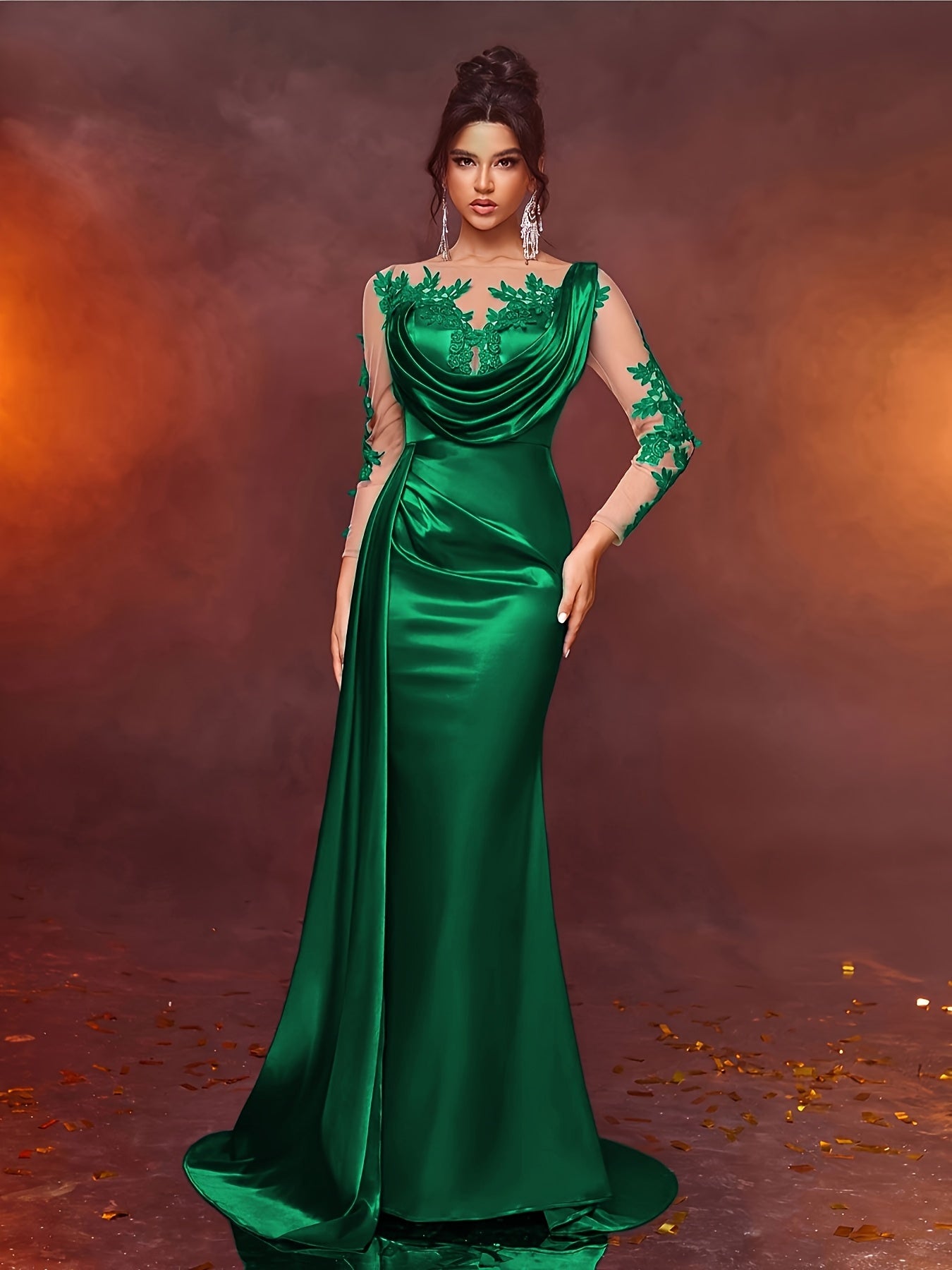 Elegant Long Ladies' Gown with Lace Detail | Solid Color, Contrast Mesh, Long Sleeve, Gown Hem, Ideal for Christmas, Birthday, Graduation, Travel