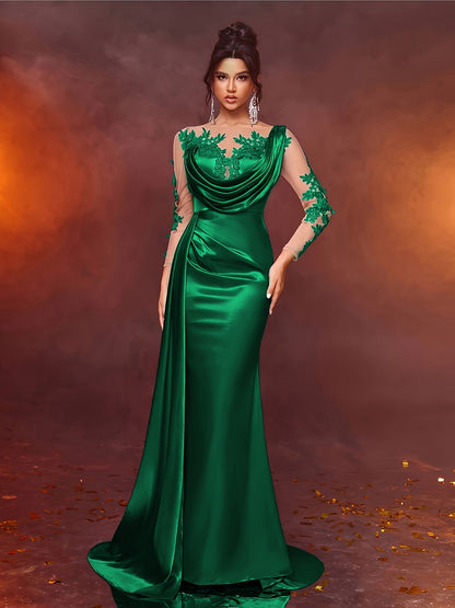 Elegant Long Ladies' Gown with Lace Detail | Solid Color, Contrast Mesh, Long Sleeve, Gown Hem, Ideal for Christmas, Birthday, Graduation, Travel