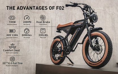 ECLIO F02 Electric Bike For Adults, 749W Peak Motor, 20MPH, 20"×4" Fat Tire Ebike With 48V13Ah Battery, Aluminium Electric Dirt Bike For All Terrain, Dual Suspension And Hydraulic Brakes, Electric Bike For Adults