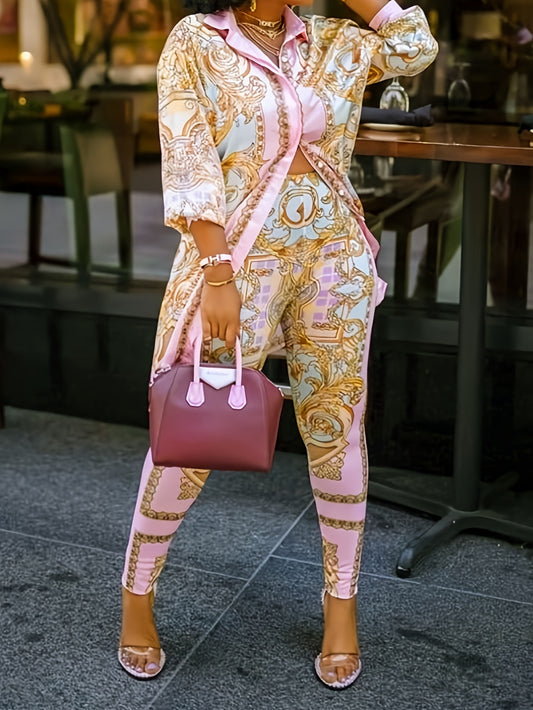 GY029 Vacation Style - Pink Printed Casual Tight Pants - Two-Piece Set for Women - Valentine's Day