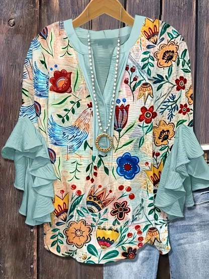 Plus Size - Plus-Size Women'S Paisley Print Ruffled Sleeve Stylish Casual Round Neck Autumn Shirt