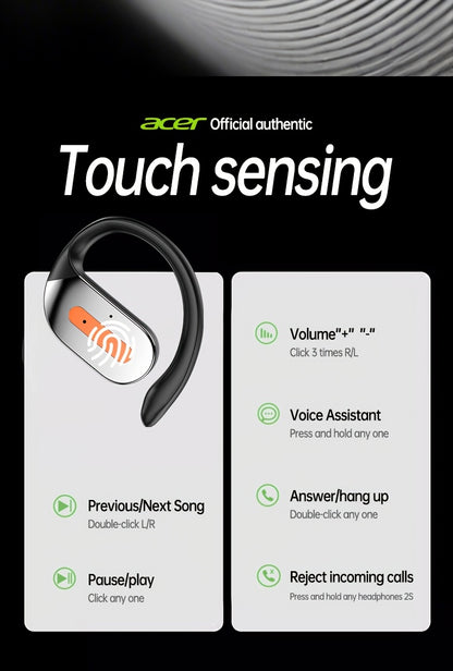 Acer True Wireless Earphones with Microphone, TWS Headphones, Touch Volume, Wireless Sports Earhooks, LED Display Charging Case, Half Open Back, HD Talk, Compatible with Mobile Phones, Rechargeable Battery, Type-C Charging, S