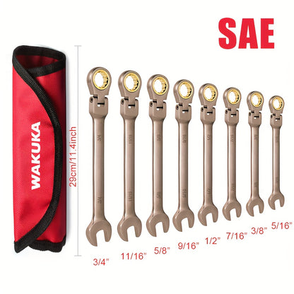 8pcs Ratcheting Wrench Set, SAE, Combination Wrench Set, 5/16" to 3/4", 72-Teeth, Flex-Head for Automotive, Car, Motorcycle, Bicycle, Mechanical Tool, Nickel Plating Sandblast Finish Cr-V Steel