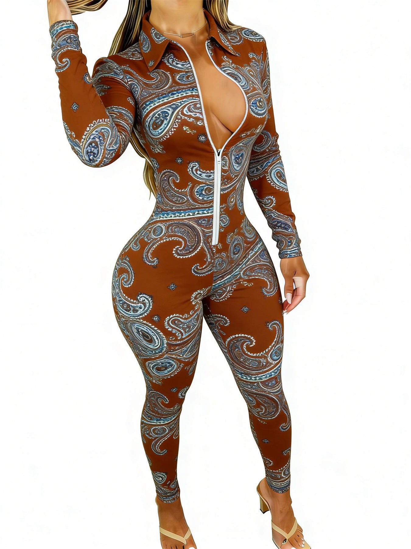 Brown Women's Long Sleeve Jumpsuit with Paisley Print - Slim Fit, Stylish & Sexy for Dates, Parties & Daily Outings, Sizes 2XS-2XL