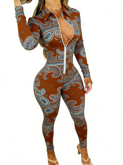 Brown Women's Long Sleeve Jumpsuit with Paisley Print - Slim Fit, Stylish & Sexy for Dates, Parties & Daily Outings, Sizes 2XS-2XL