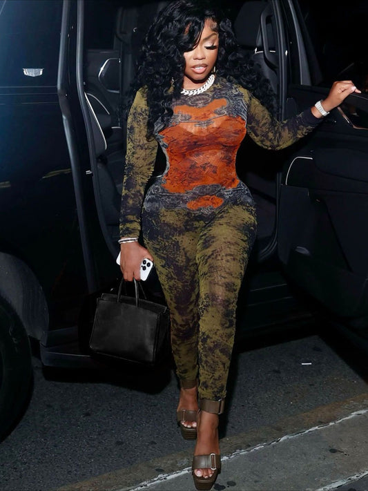 LUCKFOX Sexy Street Trend Digital Printing Long Sleeve Jumpsuit Women | Deep V Neck, Perfect for Spring/Summer/Fall