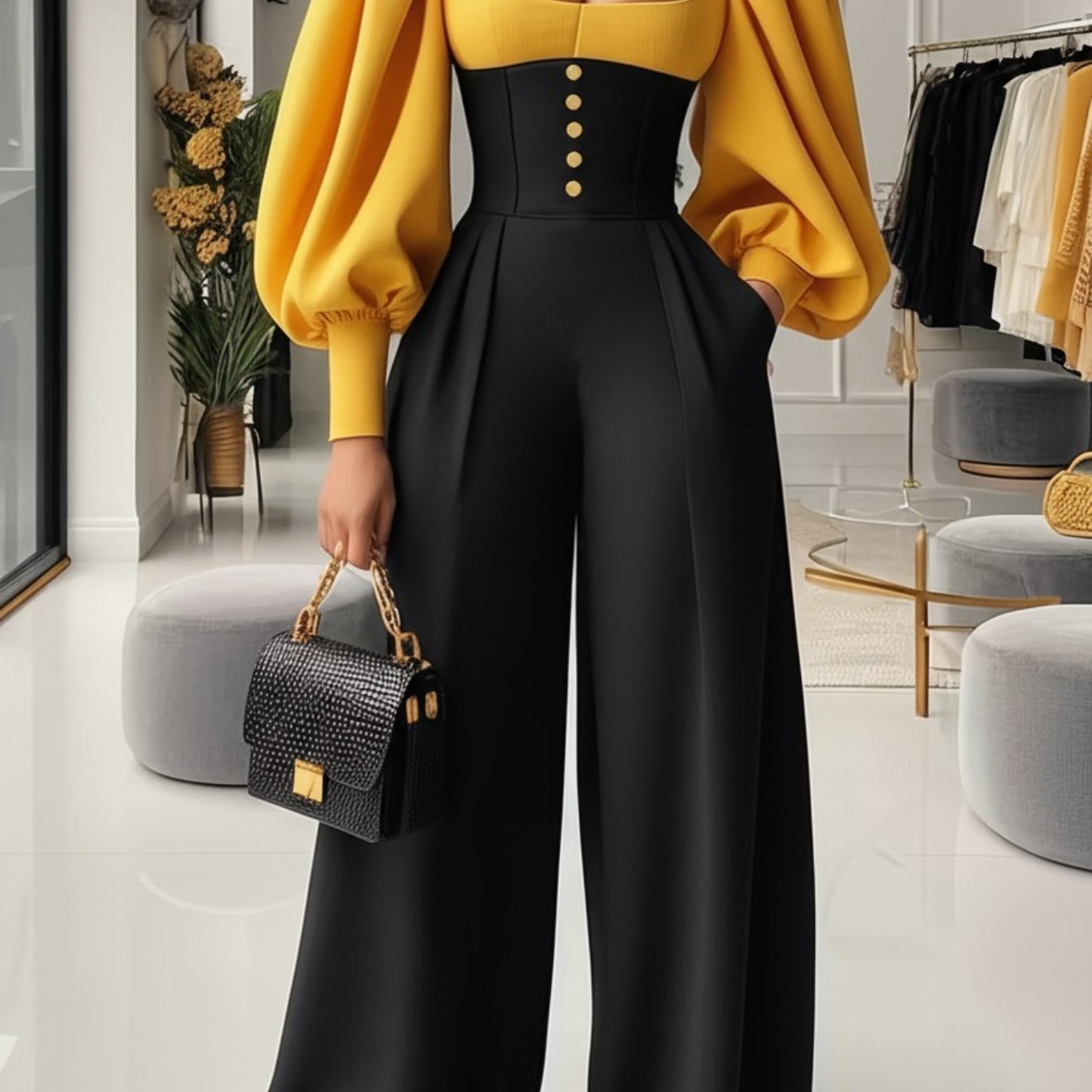 Yellow-Black Contrast Puff-Sleeve Waist-Tie Jumpsuit for Women | Retro Palace Style, Elegant Square Neck, Perfect for Fall/Winter, Color Block Pattern, Ideal for Daily Eye-Catching Looks, Refined Date Outfits, and Elegant Occ