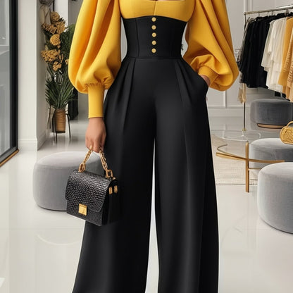 Yellow-Black Contrast Puff-Sleeve Waist-Tie Jumpsuit for Women | Retro Palace Style, Elegant Square Neck, Perfect for Fall/Winter, Color Block Pattern, Ideal for Daily Eye-Catching Looks, Refined Date Outfits, and Elegant Occ