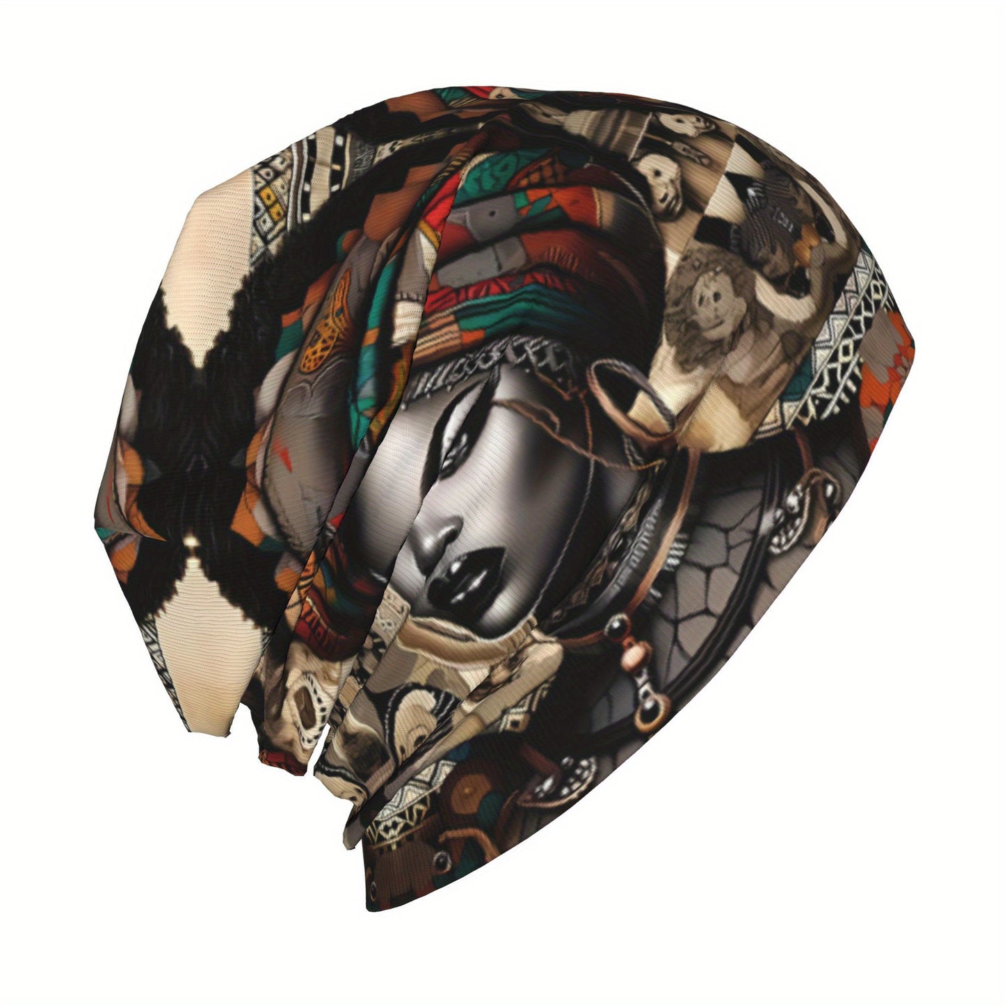 African Woman Print Beanie Hat - Unisex Winter Skull Cap with Vibrant Tribal Patterns, Cultural Heritage Design, Soft Warm Knit for Men & Women, Fashionable Cold Weather Accessory, Stylish Headwear, Cultural Pattern, Intricat