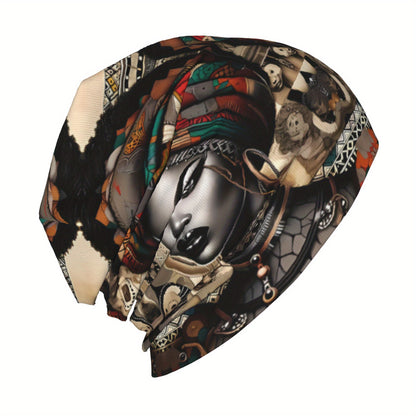 African Woman Print Beanie Hat - Unisex Winter Skull Cap with Vibrant Tribal Patterns, Cultural Heritage Design, Soft Warm Knit for Men & Women, Fashionable Cold Weather Accessory, Stylish Headwear, Cultural Pattern, Intricat
