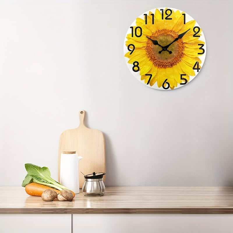 JFHT Large Sunflower Wall Clock - Silent Non-Ticking Modern Farmhouse Decor with Black Hands & Yellow Face, Easy-to-Read Large Numerals, Wood Round Clock for Living Room, Kitchen, Bedroom - (AA Battery Not Included) - Vibrant