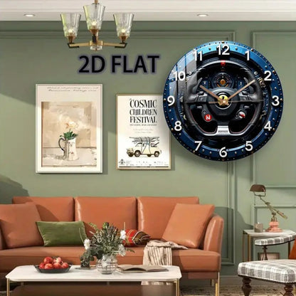 12-Inch Racing Car Steering Wheel Wall Clock - Silent Quartz Movement, Black & Yellow with Red N Emblem & Metallic Accent - Glass Round Clock for Home, Garage, Office, for Man Cave Decor - Ideal Gift for Motorsport Fans (AA B