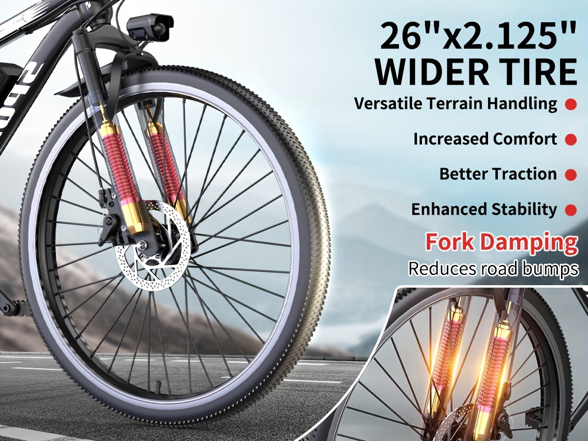 Mountain Electric Bicycle, Battery Can Be Sold Separately, 500W (peak 740W) Silent Motor, 26 Inch Tires, Power Brake, Alloy Frame, 20MPH, Additional Mudguard, Equipped With Front Plug And Lighting System