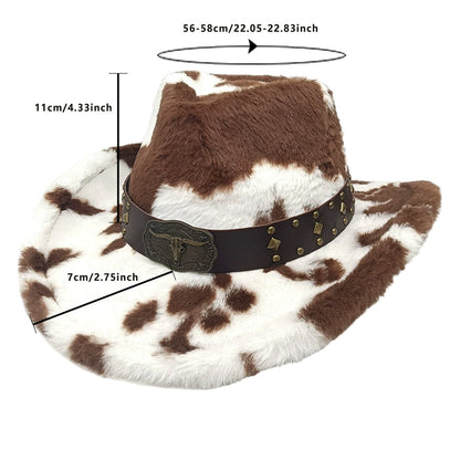 Warm Plush Fuzzy Cowgirl Hat with Bull Head Belt - Unisex Western /H Cow Spot Jazz Cap for Rodeo, Ranch, Themed Parties | Hand Washable for men & women