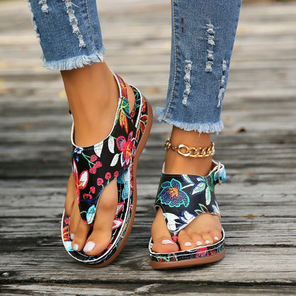 Women'S Plus Size Ethnic Floral Sandals - Adjustable Ankle Strap, Open Toe Platform Wedge Heel, Vibrant Embroidered Flower Design, Summer Casual Shoes, European & American Style, Summer Footwear | Vibrant Embroidery | Durable
