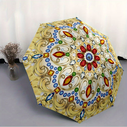 Automatic Open/Close Umbrella with Floral Pattern - Elegant Golden, Blue, Red, Green, White, Black, - Compact Folding Design, All-Season Portable Umbrella for Women & Men, Ideal Gift for Birthdays, Anniversaries, Travel - Aut