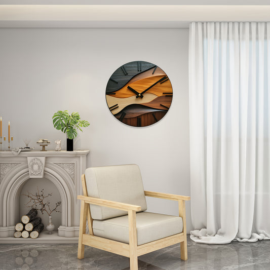 [Artistic Wall Clock] 12-inch Artistic Round Glass Wall Clock, Silent Non-Ticking High Quality Movement, 3mm Thickened Steel Tempered Glass, Faux Wood Grain Nordic Style with Corrugated Design | 1pc, Living Room Bedroom Home