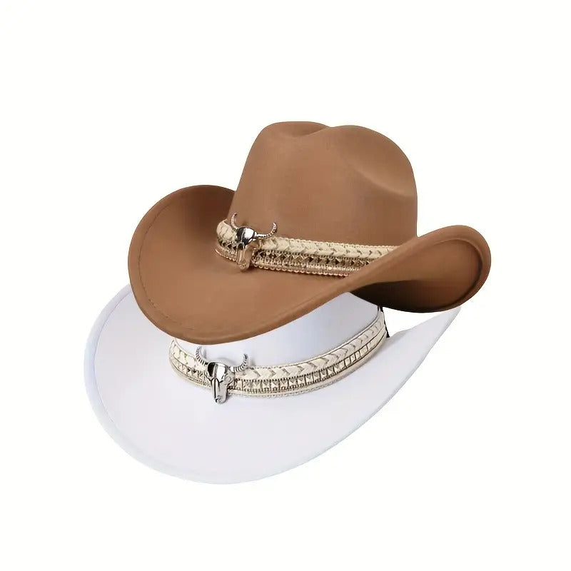 2pcs Western Cowboy Hat Mix & Match - Hand-Braided Large Bull Head Buckle Accessory, Wide-Brim Flat-Top Hats Suitable for Men & Women, Cowboy/Cowgirl, Themed Parties, Rodeo, Western Events - Handwashable, Handwash Care
