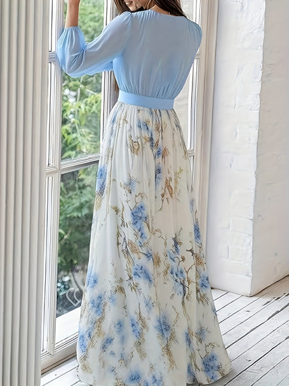 Elegant Long Dress for Women with a Deep V-Neck, Featuring a Bohemian Floral Chiffon Design