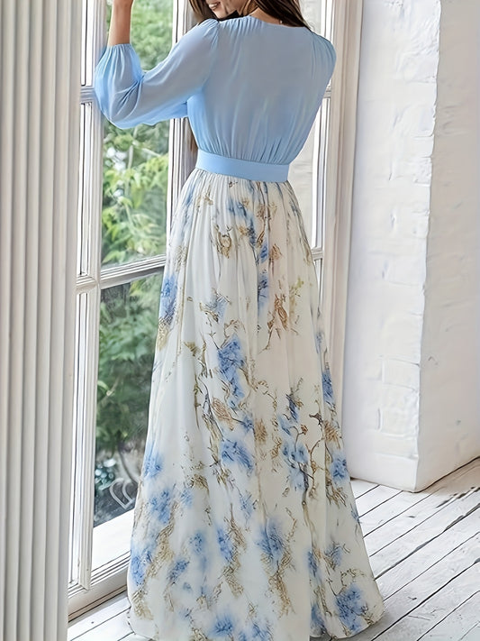 Elegant Long Dress for Women with a Deep V-Neck, Featuring a Bohemian Floral Chiffon Design