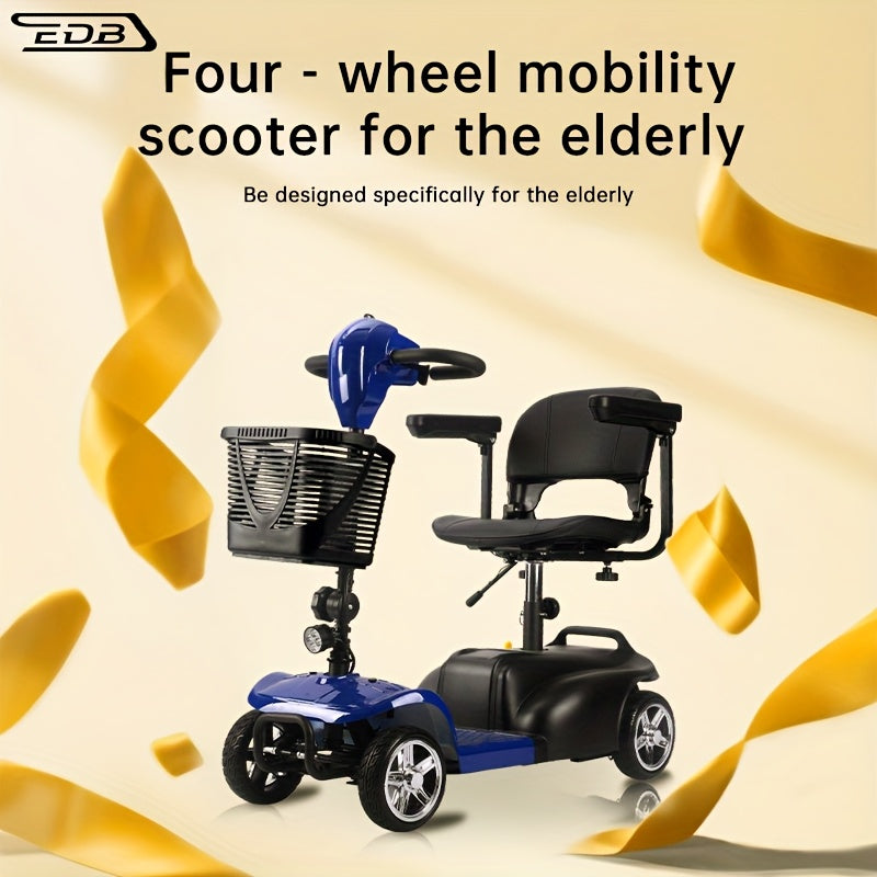 Mobility Aids for The, Four-wheel Foldable Mobility Scooters for Adults, 250w 12V, 12ah 15 Mile Long Range, with LED Headlights And A Detachable Storage Basket. Comes with A Tool Kit, Charger, And Instruction Manual.