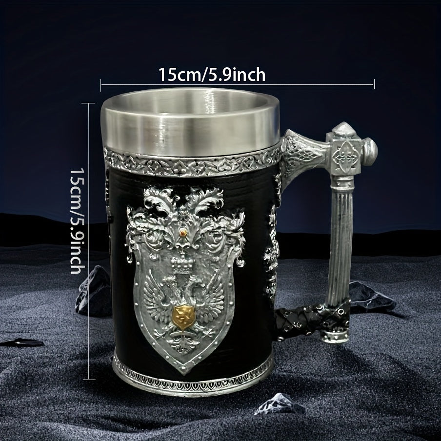 Stainless Steel Resin Relief Cup - Medieval Beer Mug, 1pc, 20.29oz - Vintage German Creative Large Tankard - Non-Slip, Reusable, Multi-Purpose - for Home, Kitchen, Bar, Christmas, Halloween Gift