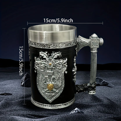 Stainless Steel Resin Relief Cup - Medieval Beer Mug, 1pc, 20.29oz - Vintage German Creative Large Tankard - Non-Slip, Reusable, Multi-Purpose - for Home, Kitchen, Bar, Christmas, Halloween Gift