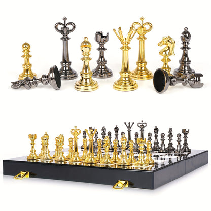 2-in-1 Metal Chess & Checkers Set with 15-Inch Portable Folding Wooden Board - Elegant Golden & Strategy Game with Storage Box, Durable Metal Pieces & Wooden Board for Adults, Travel-Friendly Chess and Checkers Game for Home,