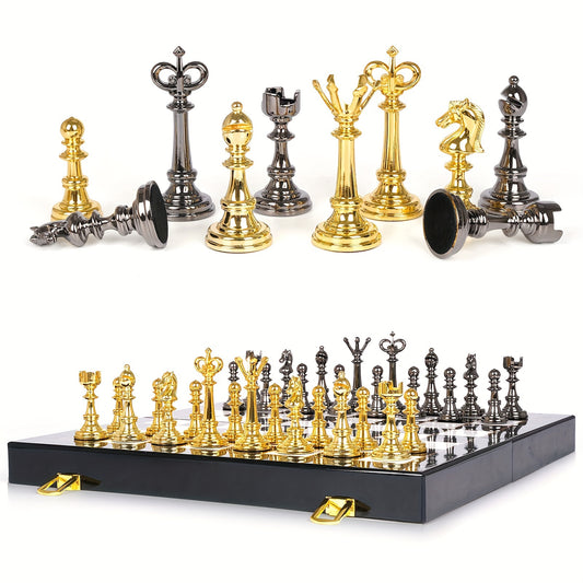 2-in-1 Metal Chess & Checkers Set with 15-Inch Portable Folding Wooden Board - Elegant Golden & Strategy Game with Storage Box, Durable Metal Pieces & Wooden Board for Adults, Travel-Friendly Chess and Checkers Game for Home,