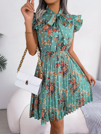 Women'S 2026 Spring Summer Elegant Floral Tie Waist Maxi Flare Pleated Dress | Lightweight, Breathable, Soft, Comfortable, Versatile, Casual Party Dating Daily Going Out Dress, Sleeveless, Crew Neck, Regular Fit