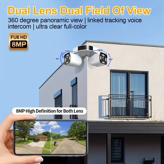 8MP Smart Wireless Wifi Security Camera Indoor, Dual Lens PTZ Surveillance Cameras Inside, 360° Panoramic View External Corner Mount With Double Bullet Cam, Full Color Night Vision, Smart AI Motion Detection, Sound & Motion
