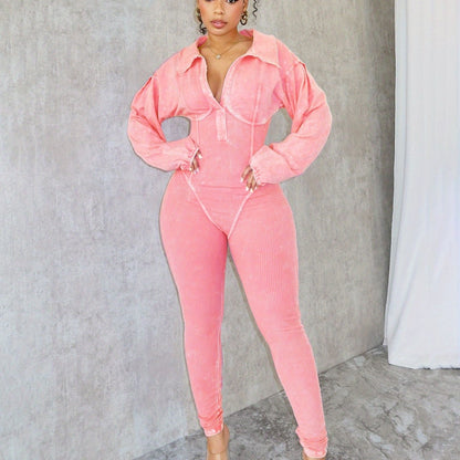 Fashion Women's Clothing Washed and Distressed Sexy Deep V Tight Long Sleeve Autumn and Winter Jumpsuit