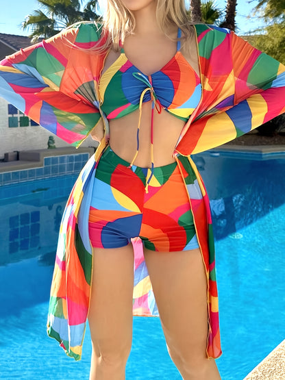 Fashionable Casual Vacation Style Irregular Geometric Pattern Bikini Set, European and American New Fashionable Printed Sexy Gathering Mesh Outer Shirt, Split Women's Swimsuit