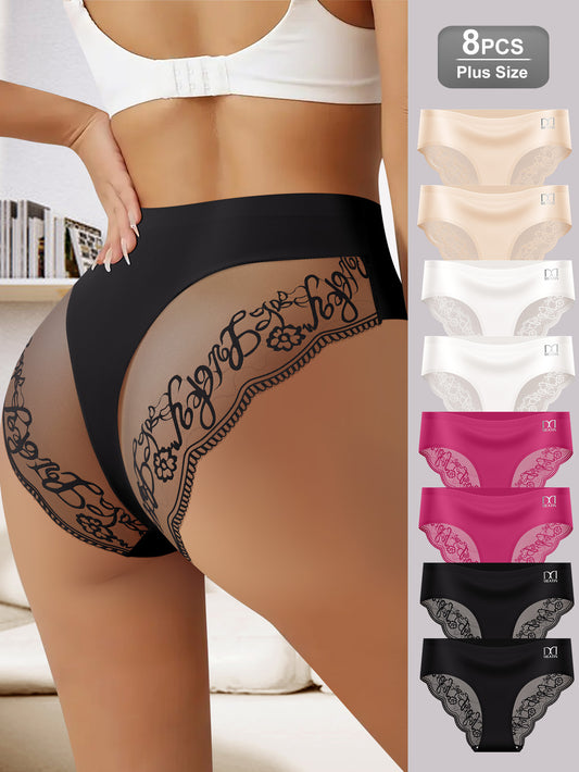 8-Pack Plus Size Women's Underwear- Breathable Full Coverage Panties, No Roll Elastic Waistband with Lace Trim, 4 Color Options for Everyday