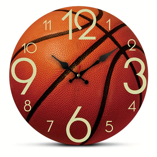 1pc Basketball-Themed Round Wall Clock with Wooden Frame, Silent & Battery-Powered (AA Battery Not Included), Ideal for Bedroom, Living Room, Office, Kitchen, or Bathroom Decor, Sports Room Accent|Basketball Design|Silent Ope