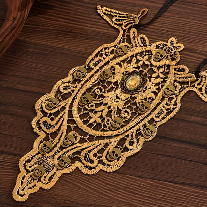 2pcs Halloween Gothic Exaggerated Hollow-Out Lace Skull Bracelet And Necklace Set for Women