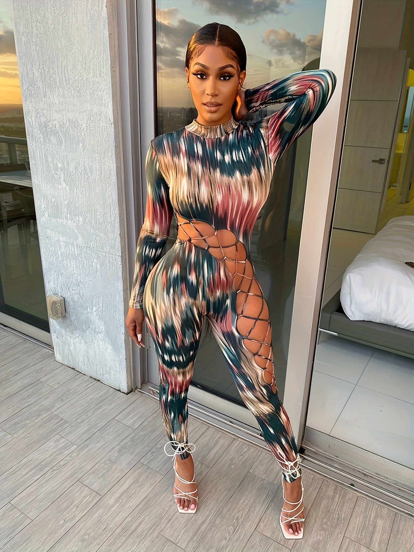 6636 Autumn And Winter Women's Long Sleeve Colorful Christmas Printed Straps Personality Slim Jumpsuit Jumpsuit