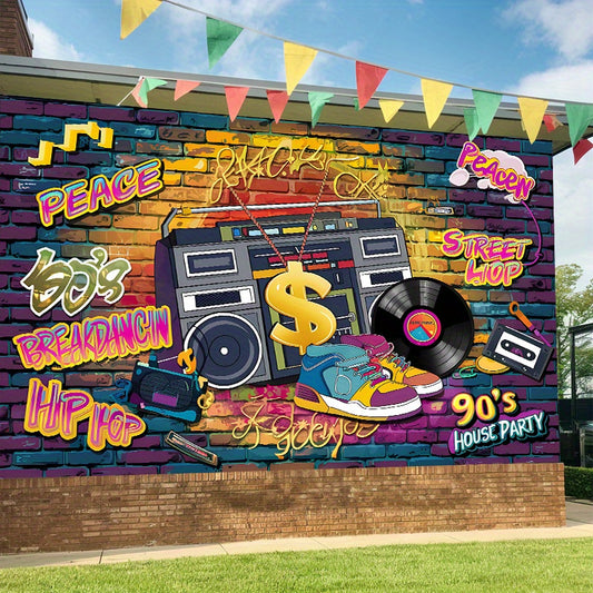1pc 90s House Party Banner - Vibrant Polyester Backdrop with Boombox, Sneakers & Graffiti, Ideal for Room and Wall Decor, Photo Props, Party Decorations & Gifts, Decorative Background | Retro Party Decor | Polyester Banner, P
