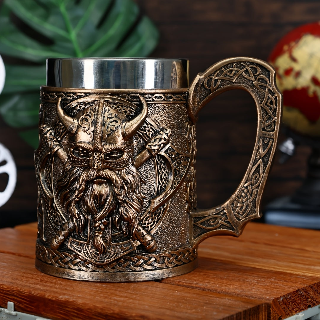 A Viking relief mug, a medieval European Viking beer mug made of stainless steel, with a large capacity of 20.3oz, a powerful Viking warrior coffee cup, a bar specialty cup, and a gift giving for daily life