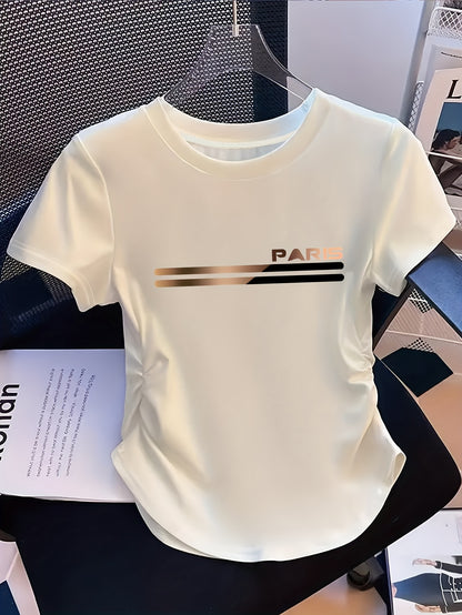Women'S Y2K Style T-Shirt - Light with Paris Lettering, Stretchy Everyday Casual Top, All-Season Everyday & Formal Outfits - Minimalist Paris Lettering Graphic Tee for, Fashion Lovers, Comfortable Fit, Trendy Design, Versatil