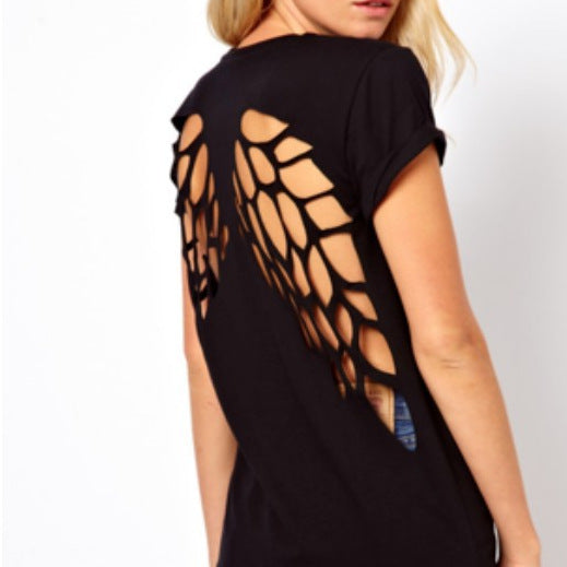 Amazon Back Burning Flower Laser Carving Hollow Angel Wings Black Round Neck Short Sleeve Women's T-shirt for Foreign Trade